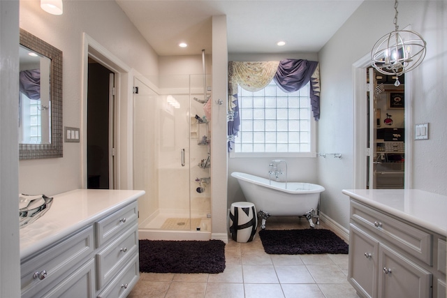 1912 Rollingwood Dr, Huntsville, TX 77340 - full bath featuring a shower stall, vanity, a chandelier, and healthy amount of natural light