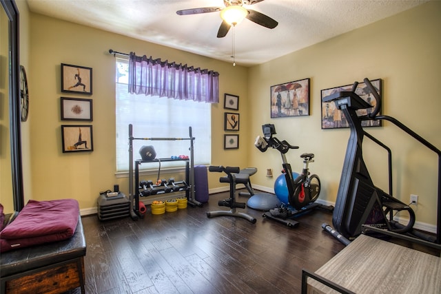 1912 Rollingwood Dr, Huntsville, TX 77340 - workout room featuring ceiling fan, baseboards, wood finished floors, and a textured ceiling