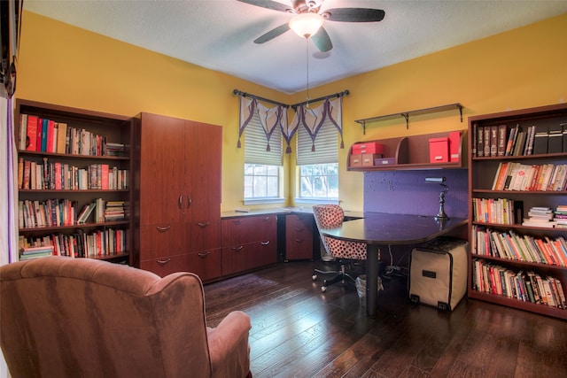 1912 Rollingwood Dr, Huntsville, TX 77340 - home office featuring ceiling fan, dark wood-style flooring, and a textured ceiling