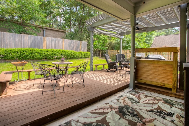 1912 Rollingwood Dr, Huntsville, TX 77340 - wooden deck featuring a pergola, outdoor dining area, and ceiling fan