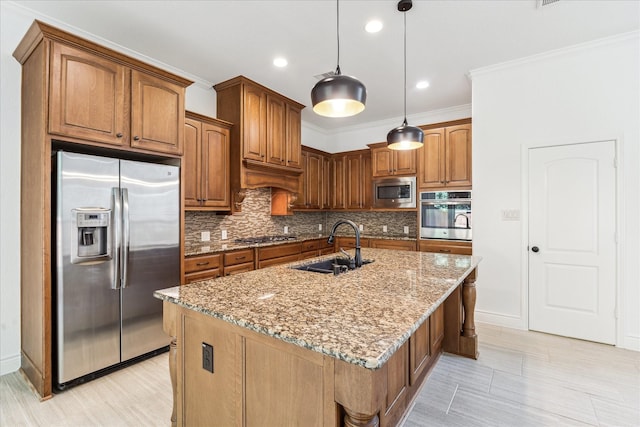 35 Daffodil Meadow Pl, Tomball, TX 77375 - kitchen featuring stainless steel appliances, a sink, light stone counters, tasteful backsplash, and ornamental molding
