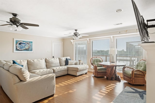 109 Fm-2031, Matagorda, TX 77457 - living room featuring ceiling fan, ornamental molding, and wood finished floors