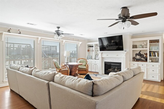 109 Fm-2031, Matagorda, TX 77457 - living area featuring ceiling fan, ornamental molding, wood finished floors, and a premium fireplace