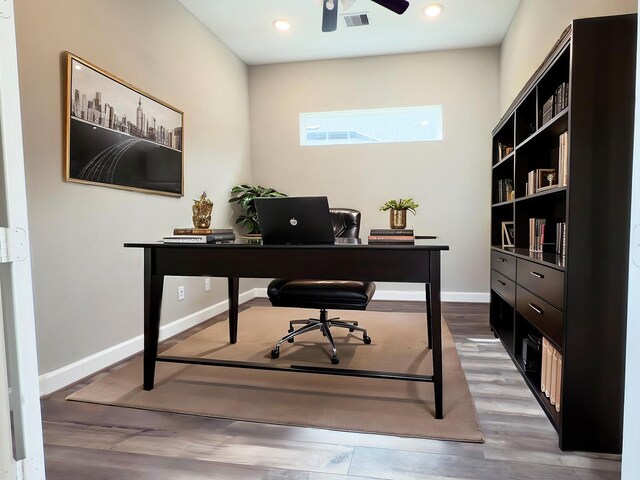 1218 Hidden Oaks Dr, Tomball, TX 77375 - home office featuring ceiling fan, wood finished floors, baseboards, and recessed lighting