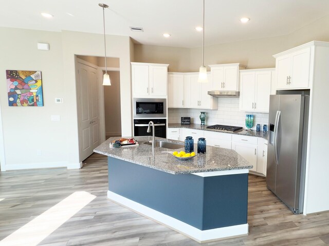 1218 Hidden Oaks Dr, Tomball, TX 77375 - kitchen featuring stainless steel appliances, a sink, under cabinet range hood, light wood-style floors, and backsplash