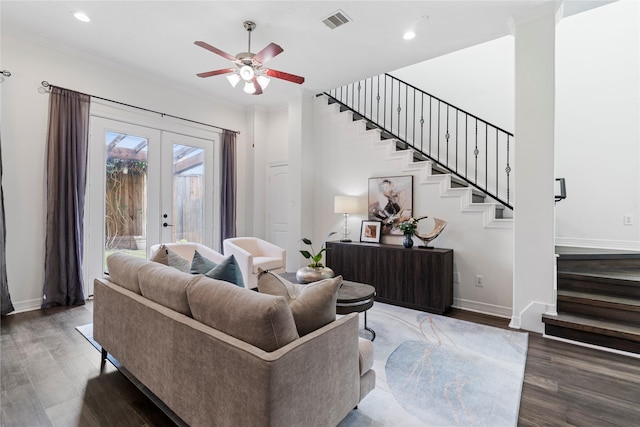 3615 Hempstead Villa Dr, Houston, TX 77008 - living room with stairway, baseboards, french doors, wood finished floors, and recessed lighting