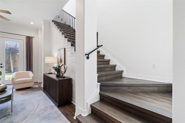 3615 Hempstead Villa Dr, Houston, TX 77008 - staircase featuring baseboards, wood finished floors, a ceiling fan, and recessed lighting