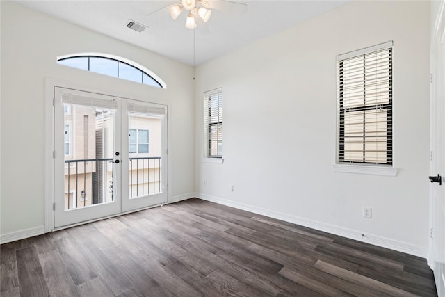 3615 Hempstead Villa Dr, Houston, TX 77008 - unfurnished room with french doors, a ceiling fan, dark wood-style floors, and baseboards