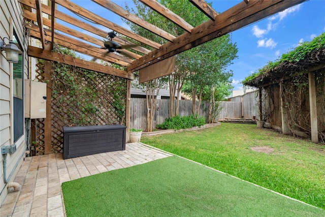 3615 Hempstead Villa Dr, Houston, TX 77008 - view of yard featuring a pergola, a ceiling fan, and a patio