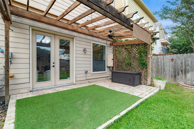 3615 Hempstead Villa Dr, Houston, TX 77008 - view of yard with french doors, a pergola, a patio area, and a ceiling fan