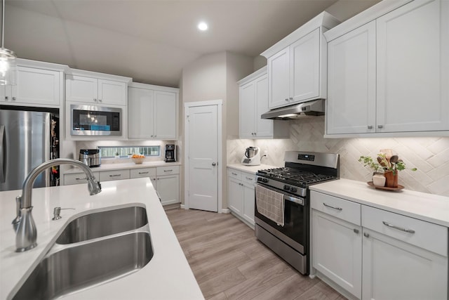 4607 Primrose Valley Ln, Fulshear, TX 77441 - kitchen with stainless steel appliances, a sink, under cabinet range hood, light wood-style flooring, and white cabinetry