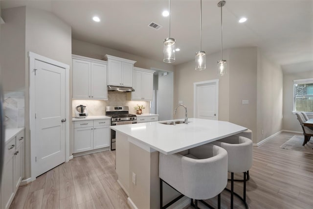 4607 Primrose Valley Ln, Fulshear, TX 77441 - kitchen with stainless steel gas stove, a sink, under cabinet range hood, backsplash, and light wood-type flooring