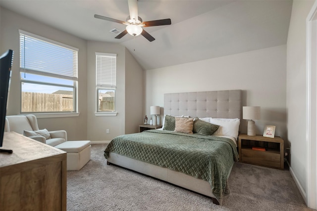 4607 Primrose Valley Ln, Fulshear, TX 77441 - carpeted bedroom with baseboards, multiple windows, lofted ceiling, and ceiling fan