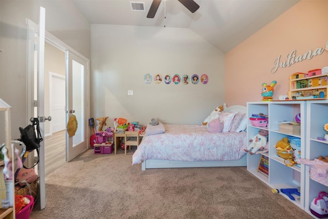 4607 Primrose Valley Ln, Fulshear, TX 77441 - carpeted bedroom with vaulted ceiling and ceiling fan