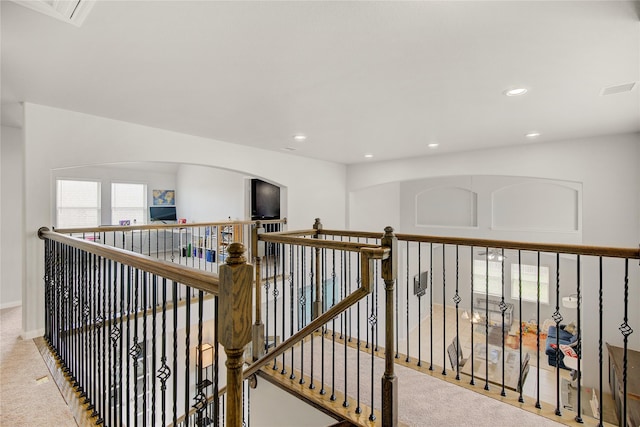 24210 Leonforte Dr, Richmond, TX 77406 - hall featuring recessed lighting, an upstairs landing, and carpet flooring