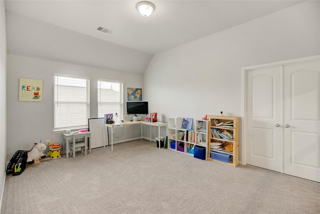 24210 Leonforte Dr, Richmond, TX 77406 - recreation room featuring carpet, vaulted ceiling, and an office area