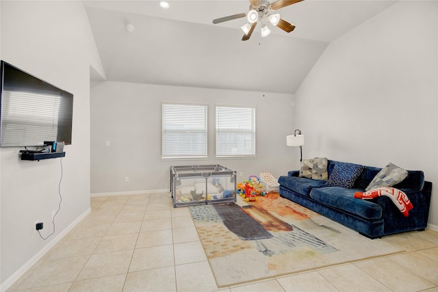 24210 Leonforte Dr, Richmond, TX 77406 - living room with tile patterned flooring, a ceiling fan, vaulted ceiling, baseboards, and recessed lighting