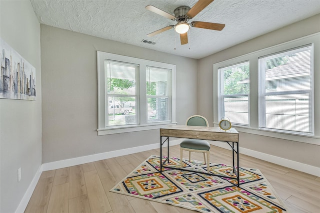 1522 Munger St, Houston, TX 77023 - office area featuring ceiling fan, light wood-style floors, a textured ceiling, and baseboards