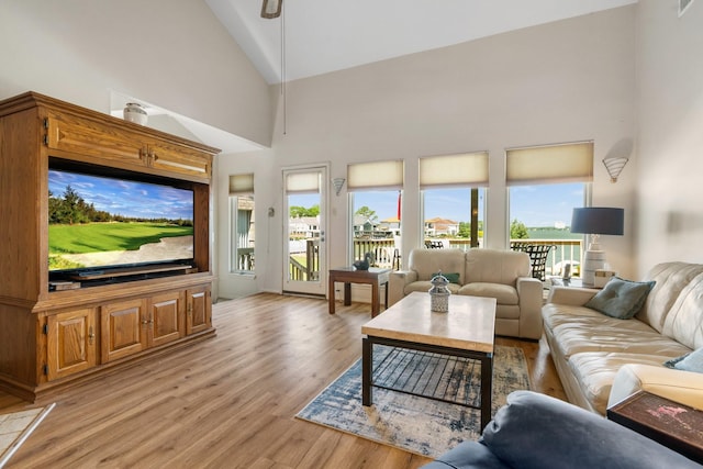 112 Cove Pt, Montgomery, TX 77356 - living area featuring plenty of natural light, high vaulted ceiling, light wood-type flooring, and a ceiling fan
