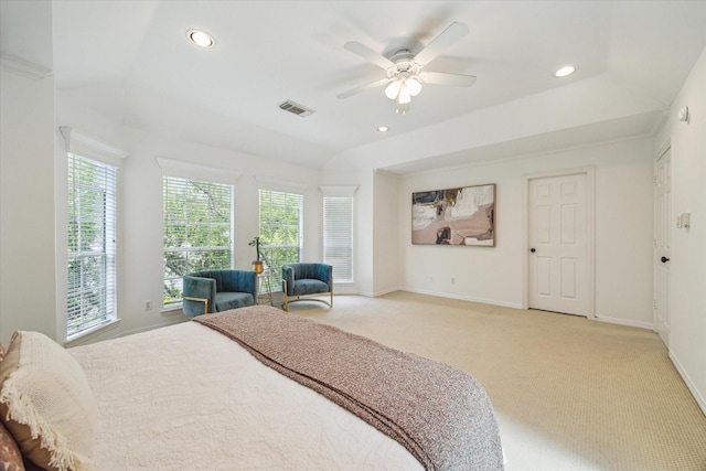 2007 Indiana St, Houston, TX 77019 - bedroom with light colored carpet, baseboards, recessed lighting, and a ceiling fan
