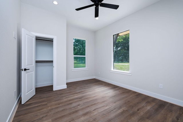 354 Peach Point Ln, Trinity, TX 75862 - unfurnished bedroom with baseboards, wood finished floors, recessed lighting, ceiling fan, and a closet