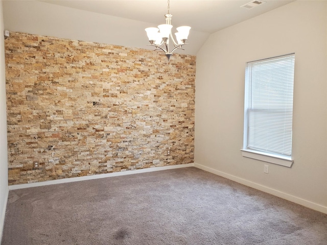 2726 Little Caney Way, Conroe, TX 77301 - unfurnished room featuring a chandelier, carpet, vaulted ceiling, and baseboards