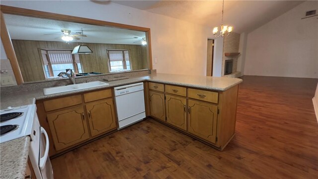 213 Yuma Dr, Victoria, TX 77904 - kitchen featuring a sink, white appliances, dark wood-type flooring, a ceiling fan, and vaulted ceiling