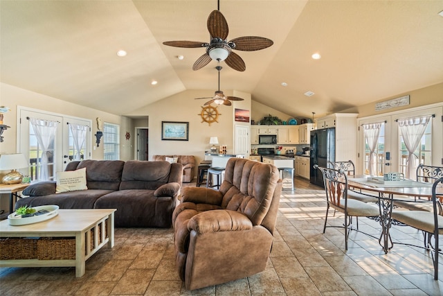 3190 Fm-2031, Matagorda, TX 77414 - living room with french doors, a ceiling fan, lofted ceiling, and recessed lighting