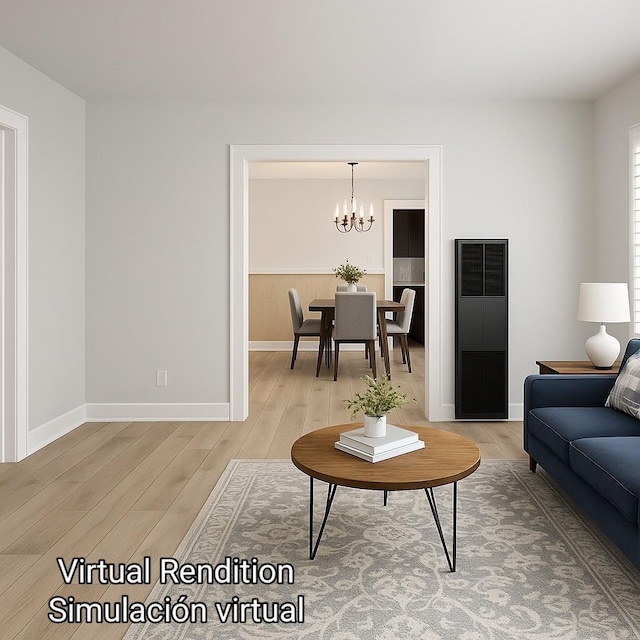622 Gazin St, Houston, TX 77020 - living area featuring a heating unit, light wood-style floors, a chandelier, and baseboards