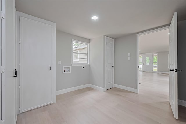 131 Holiday Blvd, Coldspring, TX 77331 - washroom with hookup for an electric dryer, light wood-style floors, washer hookup, baseboards, and recessed lighting