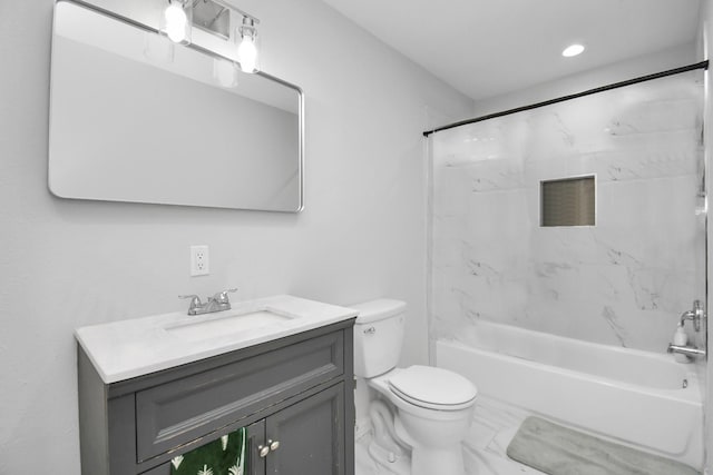 20695 Liberty St, New Caney, TX 77357 - bathroom with marble finish floors, toilet, vanity, washtub / shower combination, and recessed lighting