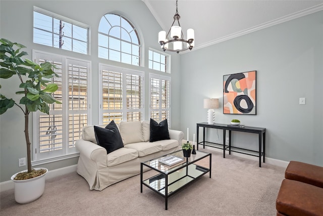 1107 Walden Hill Ct, Houston, TX 77077 - living room with crown molding, carpet floors, a chandelier, high vaulted ceiling, and baseboards