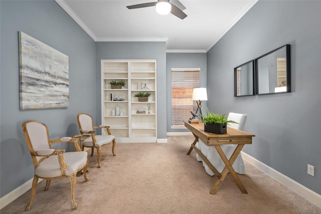 1107 Walden Hill Ct, Houston, TX 77077 - sitting room with carpet, a desk, ornamental molding, baseboards, and ceiling fan