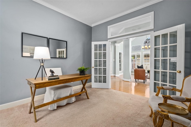 1107 Walden Hill Ct, Houston, TX 77077 - carpeted home office featuring french doors, ornamental molding, and baseboards