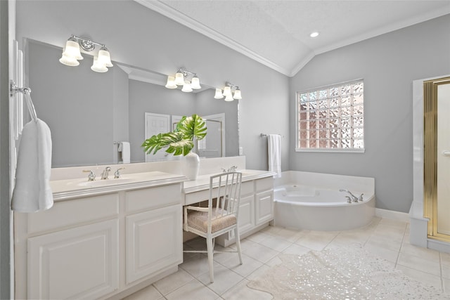 1107 Walden Hill Ct, Houston, TX 77077 - full bathroom with lofted ceiling, vanity, tile patterned flooring, crown molding, and a garden tub