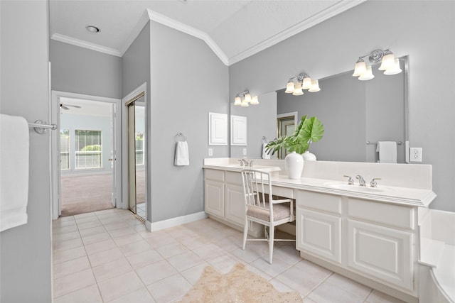 1107 Walden Hill Ct, Houston, TX 77077 - bathroom with ornamental molding, tile patterned floors, double vanity, and baseboards