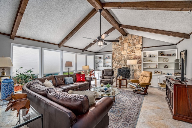 3706 Autumn Ln, Baytown, TX 77521 - living room featuring a textured ceiling, ceiling fan, a stone fireplace, and light tile patterned floors