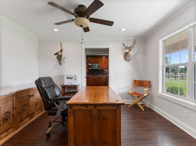 14624 Dove Ln, Needville, TX 77461 - office with baseboards, dark wood-style flooring, recessed lighting, crown molding, and ceiling fan