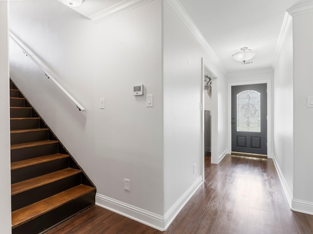 14624 Dove Ln, Needville, TX 77461 - entrance foyer featuring crown molding, dark wood finished floors, stairway, and baseboards