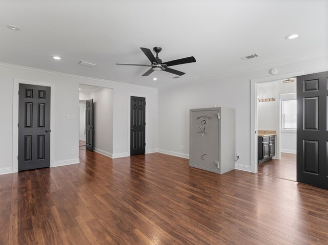 14624 Dove Ln, Needville, TX 77461 - unfurnished living room with a ceiling fan, ornamental molding, dark wood-style flooring, baseboards, and recessed lighting
