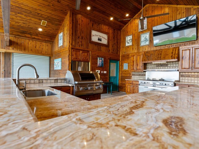 14624 Dove Ln, Needville, TX 77461 - kitchen featuring a sink, high vaulted ceiling, decorative backsplash, stainless steel appliances, and wood ceiling