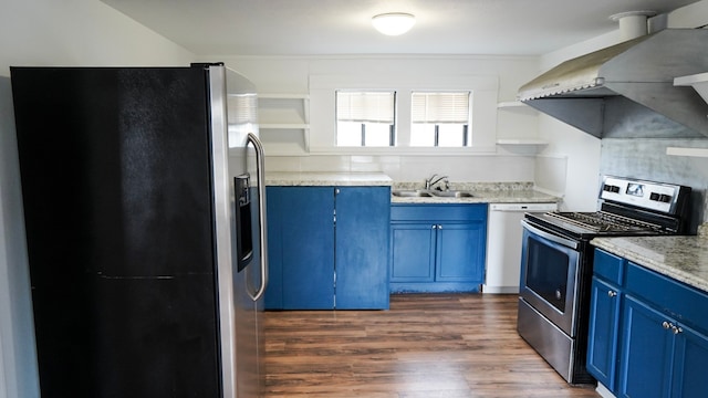 1126 Ryon St, Houston, TX 77009 - kitchen with appliances with stainless steel finishes, blue cabinetry, open shelves, and a sink