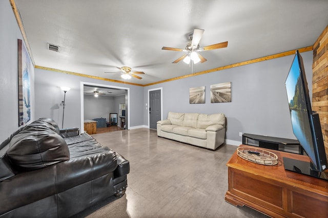 1307 Hillcrest Dr, Granite Shoals, TX 78654 - living room with a ceiling fan, concrete floors, and baseboards