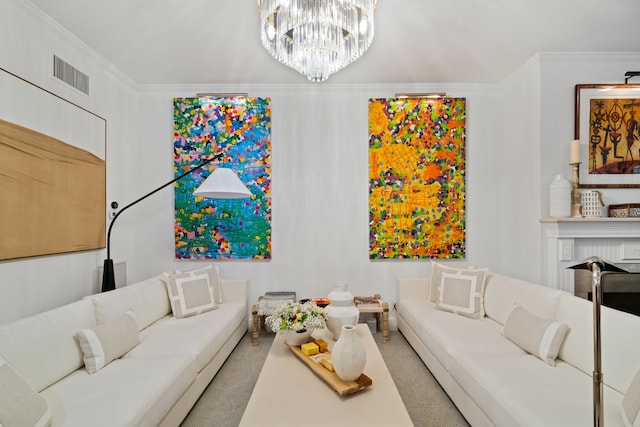 10 S Briar Hollow Ln Unit 30, Houston, TX 77027 - living room featuring ornamental molding, a chandelier, carpet floors, and a fireplace