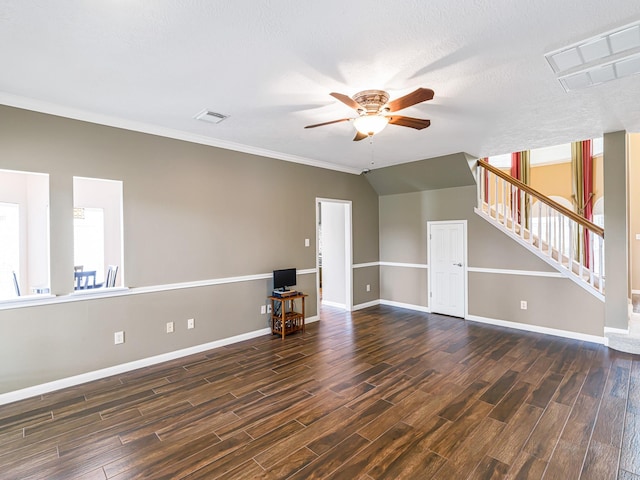 15510 Tysor Park Ln, Houston, TX 77095 - unfurnished living room featuring a ceiling fan, dark wood-type flooring, plenty of natural light, and crown molding