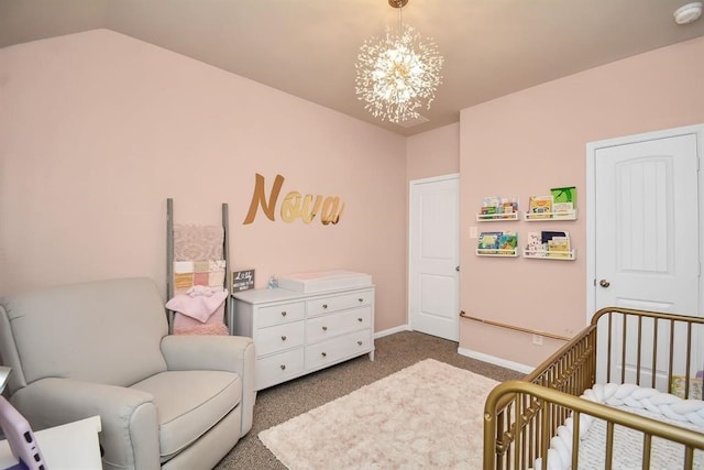 3519 Rossini Dr, Katy, TX 77493 - bedroom featuring a crib, a chandelier, dark carpet, vaulted ceiling, and baseboards