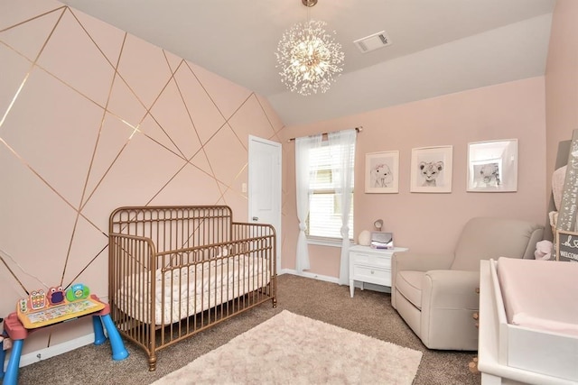 3519 Rossini Dr, Katy, TX 77493 - bedroom featuring a chandelier, carpet, a nursery area, vaulted ceiling, and baseboards
