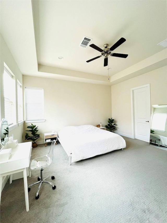 1840 Parana Dr, Houston, TX 77080 - bedroom featuring carpet, a raised ceiling, baseboards, and a ceiling fan
