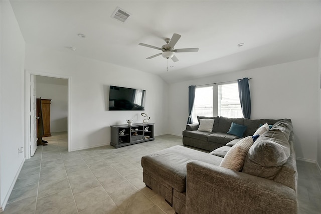 1023 Cattle Chute Ct, Rosharon, TX 77583 - living area with a ceiling fan, baseboards, light tile patterned flooring, and vaulted ceiling