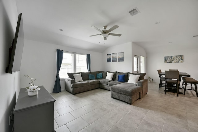 1023 Cattle Chute Ct, Rosharon, TX 77583 - living room featuring ceiling fan, lofted ceiling, and light tile patterned flooring